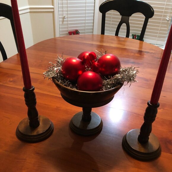 Vintage walnut pedestal fruit bowl/centerpiece and two candlesticks - Picture 1 of 14